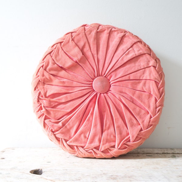 Vintage Coral Orange Peach Circle Pillow - Bright Coral Pattern Pillow Vintage Smocked Pleated Pillow Circle Pillow