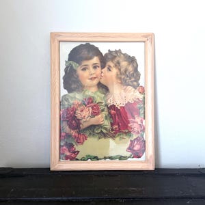 Antique Framed Die-Cut Lithograph – Two Girls with Flowers – Victorian Children Art Print