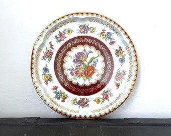 Vintage Daher Decorated Ware Floral Metal Plate Gold Trim Autumn Colors
