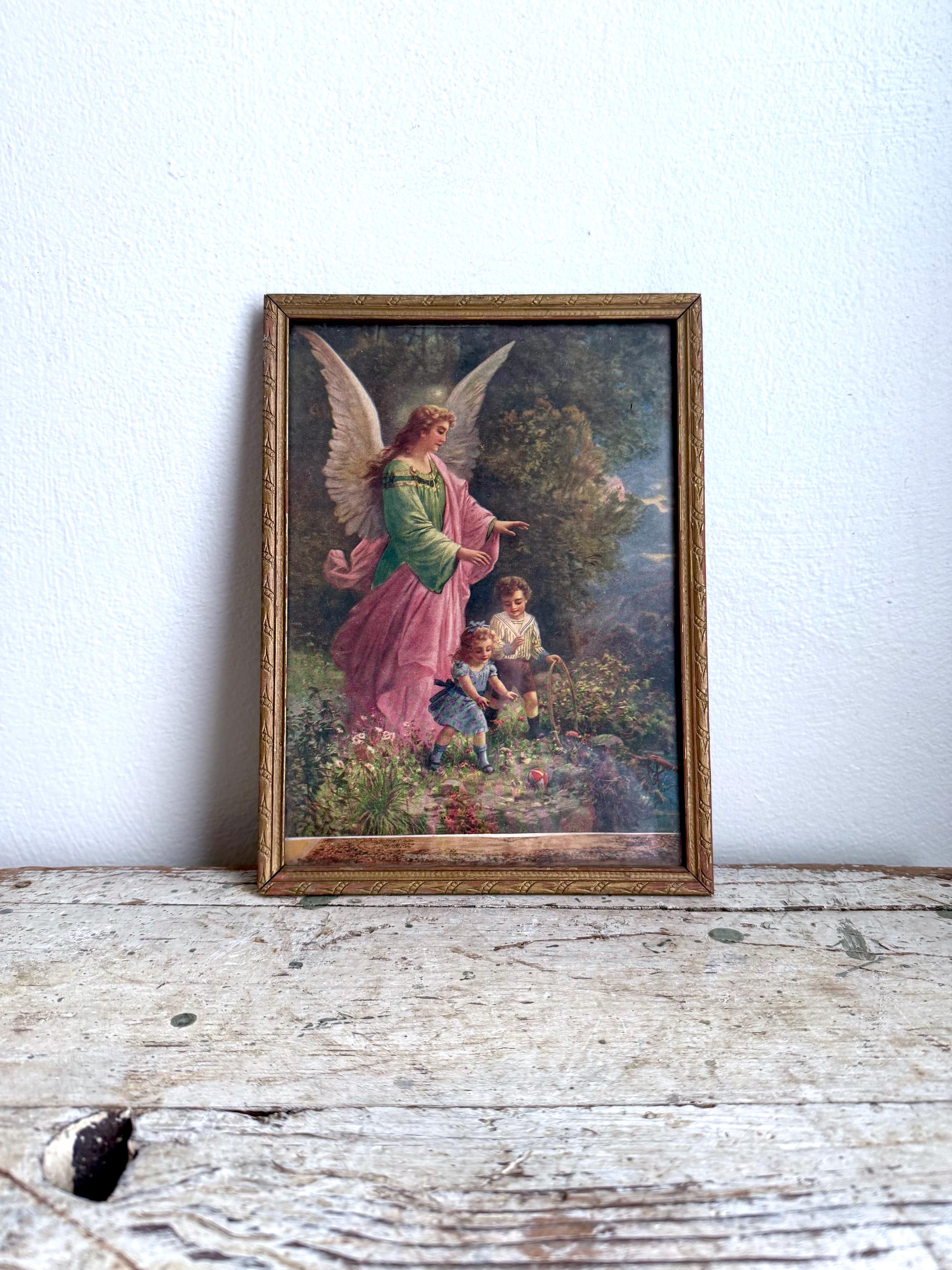 ヴィンテージの守護天使と子供たち 9インチ x 12インチ ガラス額入り