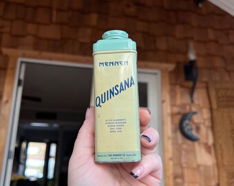 Mennen Quinsana Shaker Tin Foot Powder Container- Vintage Tin Medical Nursing Drugstore