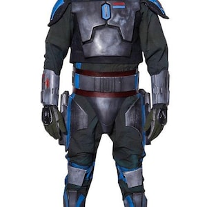 May include: A full-body costume featuring a helmet, chest armor, and leg guards. The armor is primarily gray with blue accents. The helmet has a silver crest. The costume includes gloves, a belt, and dark green fabric under the armor.