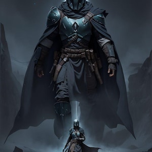 May include: Digital artwork depicting a Mandalorian warrior in full armour, set in a barren environment. The figure is in dark armour with a helmet, cape, and utility belt. A larger, shadowy figure looms behind the warrior.