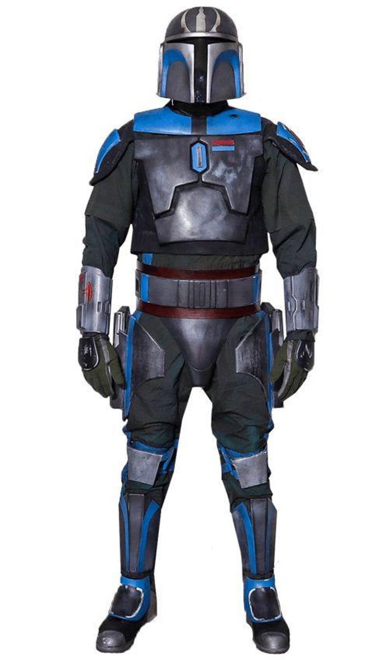 May include: A full-body costume featuring a helmet, chest armor, and leg guards. The armor is primarily gray with blue accents. The helmet has a silver crest. The costume includes gloves, a belt, and dark green fabric under the armor.