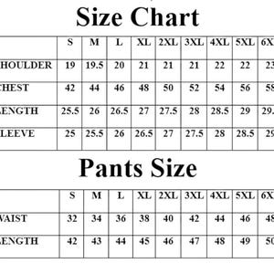 May include: A size chart for clothing, with measurements in inches. The chart includes shoulder, chest, length, and sleeve measurements for sizes S through 6XL. A separate section details pants sizes, including waist and length.