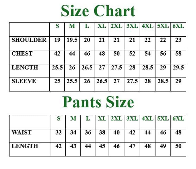 Puede incluir: Una tabla de tallas para trajes y pantalones, con medidas en pulgadas. La tabla incluye medidas de hombro, pecho, largo y manga para tallas de traje S a 6XL. Las tallas de pantal&oacute;n incluyen cintura y largo.