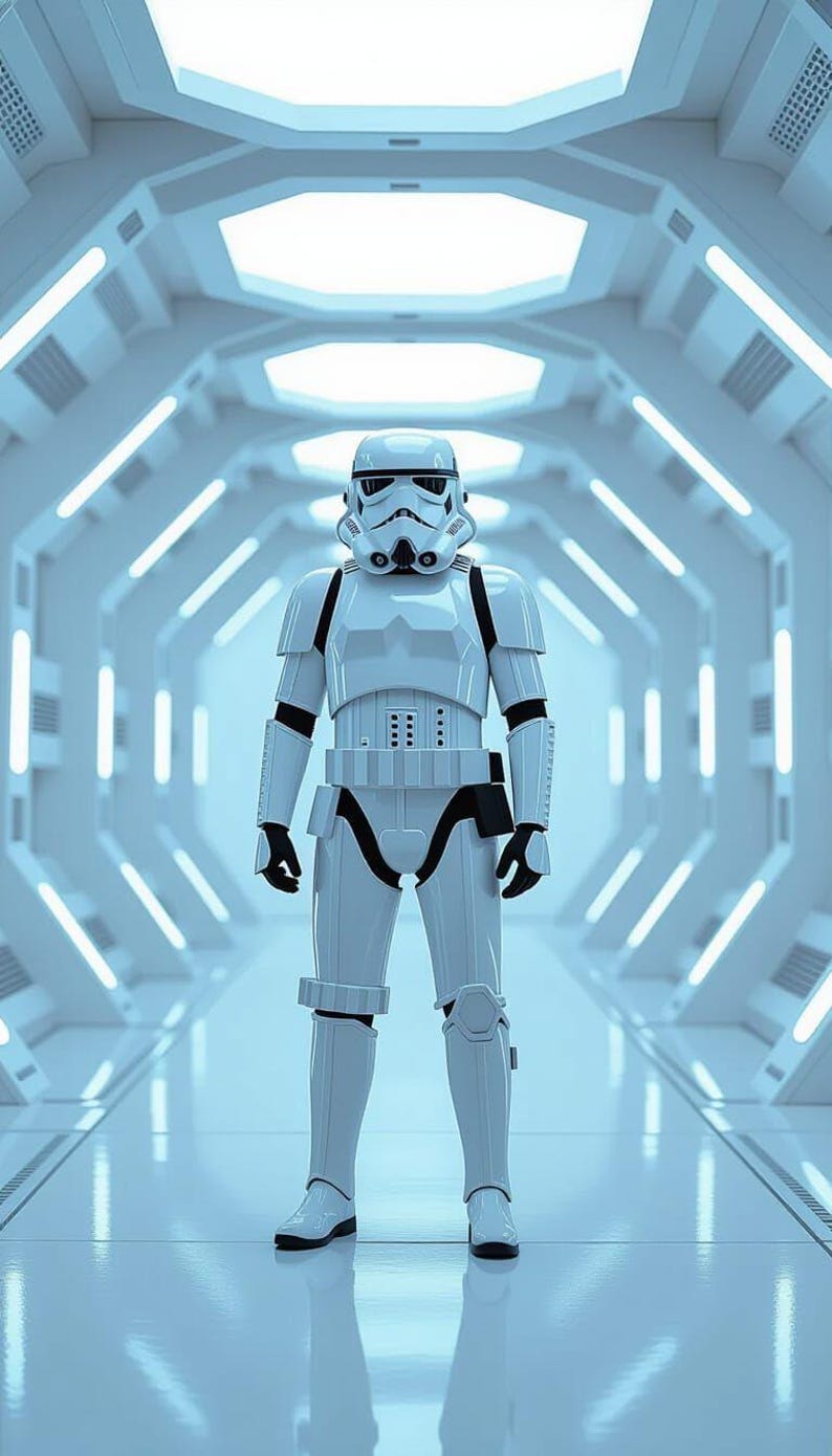 K&ouml;nnte beinhalten: Ein Stormtrooper in wei&szlig;er und schwarzer Uniform steht in einem hellblauen futuristischen Korridor. Das Bild zeigt den ganzen K&ouml;rper der Figur, mit detailliertem Helm und R&uuml;stung. Der Korridor hat eine helle, lineare Beleuchtung.