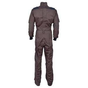 May include: A brown racing suit with white stitching and black accents. The suit has a high collar, long sleeves, and a fitted waist. The shoulders and sleeves feature geometric stitching patterns. The suit is designed for motorsports.