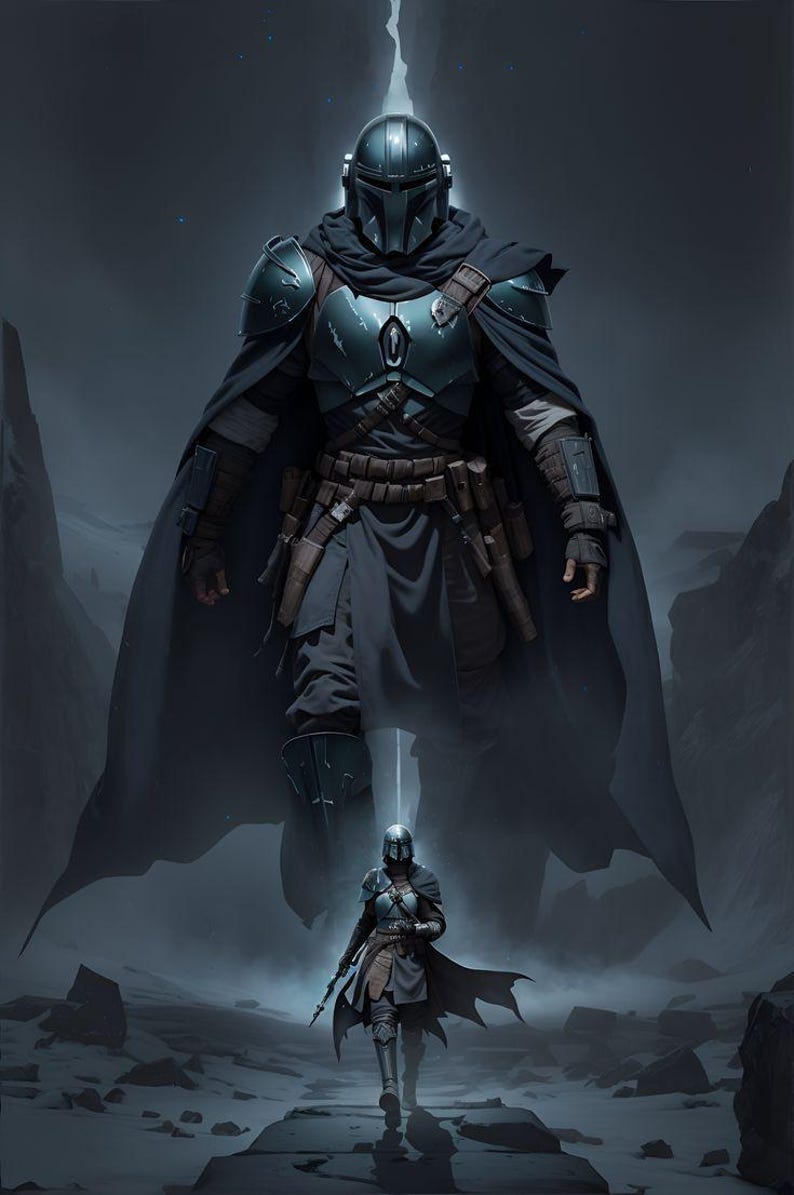 May include: Digital artwork depicting a Mandalorian warrior in full armour, set in a barren environment. The figure is in dark armour with a helmet, cape, and utility belt. A larger, shadowy figure looms behind the warrior.