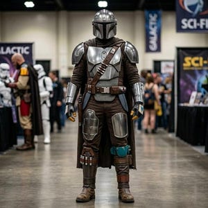 May include: A person in a detailed Mandalorian costume, with a silver helmet, chest armour, and brown and grey clothing. The costume includes a cape, belt, and pouches. The person is standing in a convention hall.