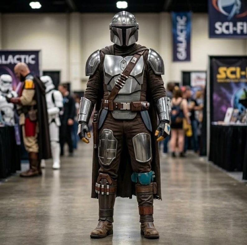 May include: A person in a detailed Mandalorian costume, with a silver helmet, chest armour, and brown and grey clothing. The costume includes a cape, belt, and pouches. The person is standing in a convention hall.