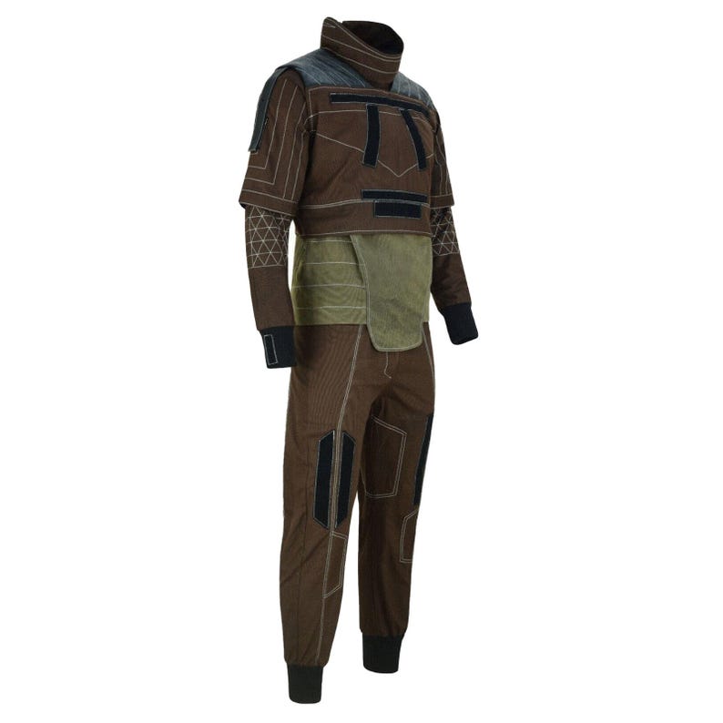 May include: A brown and olive green jumpsuit with a high collar and geometric paneling. The outfit features black accents, a short-sleeved top, and fitted pants. The design includes a textured pattern and is likely a costume or specialized garment.
