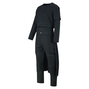 May include: A black two-piece outfit featuring a long-sleeved crop top and high-waisted pants. The top has vertical stitching details and the pants have cargo pockets and knee paneling. The outfit is made of a dark fabric.