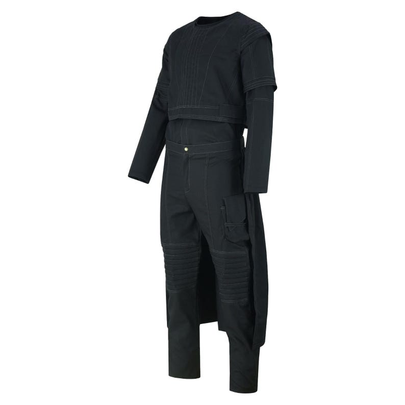 May include: A black two-piece outfit featuring a long-sleeved crop top and high-waisted pants. The top has vertical stitching details and the pants have cargo pockets and knee paneling. The outfit is made of a dark fabric.