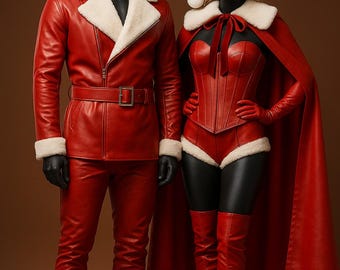 Disfraz de Papá Noel de cuero hecho a mano para pareja: traje festivo rojo