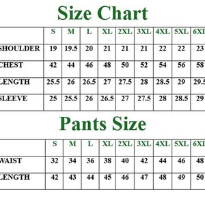 May include: A size chart for suits and pants, with measurements in inches. The chart includes shoulder, chest, length, and sleeve measurements for suit sizes S to 6XL. Pants sizes include waist and length.