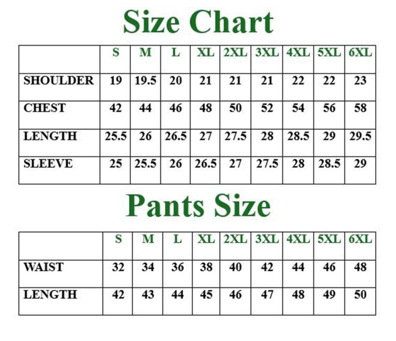 May include: A size chart for suits and pants, with measurements in inches. The chart includes shoulder, chest, length, and sleeve measurements for suit sizes S to 6XL. Pants sizes include waist and length.