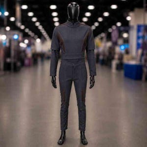 May include: A dark gray two-piece outfit on a mannequin. The top has a high collar and short sleeves with brown accents. The pants are slim-fit with brown details. The mannequin is black and stands on a gray floor.
