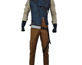 Disfraz completo de Cal Kestis inspirado en un superviviente Jedi: camisa, pantalón y cinturón con funda.