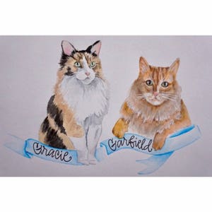 May include: Watercolour painting of two cats, one calico and one orange tabby, with blue ribbons and their names "Gracie" and "Garfield" written on them.