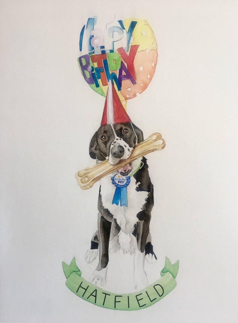 May include: Watercolour painting of a black and white dog wearing a red party hat and holding a bone in its mouth. The dog has a blue ribbon around its neck that says "Birthday Boy". A colourful balloon with the words "Happy Birthday" is above the dog's head. A green banner with the word "HATFIELD" is below the dog.