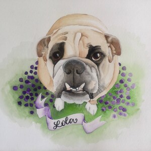 May include: Watercolour painting of a bulldog wearing a purple flower garland with the name "Lola" written on a purple ribbon.