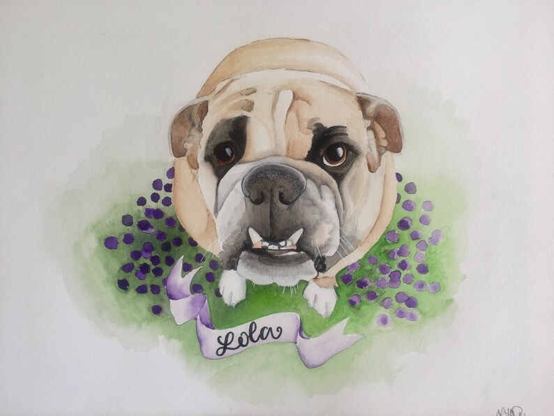 May include: Watercolour painting of a bulldog wearing a purple flower garland with the name "Lola" written on a purple ribbon.
