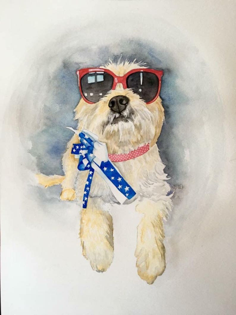 May include: Watercolour painting of a small, white dog wearing red sunglasses and a blue and white ribbon with stars. The dog is lying down and looking at the viewer.