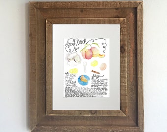 Watercolor Recipe Print: Home Made Peach Pie - Kitchen Decor, Kitchen Artwork, Georgia Peach, Kitchen Prints, Recipe Print, Recipe Art