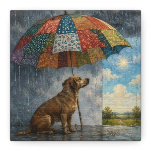 May include: A painting of a brown dog sitting under a large, colorful patchwork umbrella. The scene depicts a rainy, dark environment on the left transitioning to a bright, sunny landscape with blue skies and clouds on the right side.