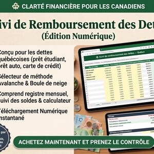 Pode incluir: Uma ferramenta digital de rastreamento de reembolso de dívidas para canadenses, com um tablet exibindo uma planilha com dados financeiros. A imagem inclui texto em francês, com a frase "ACHETEZ MAINTENANT ET PRENEZ LE CONTRÔLE" na parte inferior.