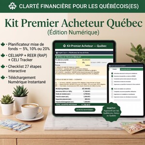 May include: A digital financial guide for first-time homebuyers in Quebec, Canada. The image shows two tablets displaying financial planning information, checklists, and a breakdown of costs. The guide is in French and includes a coffee cup, small plants, and Canadian currency.