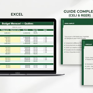 May include: A laptop displays a green and white Excel spreadsheet labeled "Budget Mensuel - Québec." Accompanying it are two green and white cards with text, including "Guide Complet" and a checklist for saving money.