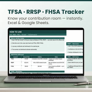 Può includere: Uno schermo di computer portatile che mostra un foglio di calcolo per il monitoraggio di TFSA, RRSP e FHSA. L'interfaccia include una sezione 'How to use', una tabella di riferimento dei limiti 2026 con colonne per limiti annuali e totali.