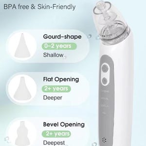 May include: A white baby nasal aspirator with three silicone tip options: gourd-shape for 0-2 years, flat opening for 2+ years, and bevel opening for 2+ years. The device has control buttons and the text "3 Food Grade Silicone Tips BPA free & Skin-Friendly".