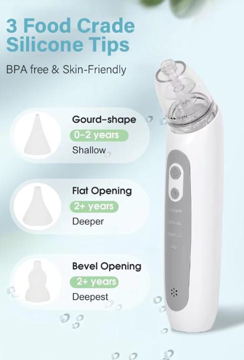 May include: A white baby nasal aspirator with three silicone tip options: gourd-shape for 0-2 years, flat opening for 2+ years, and bevel opening for 2+ years. The device has control buttons and the text "3 Food Grade Silicone Tips BPA free & Skin-Friendly".