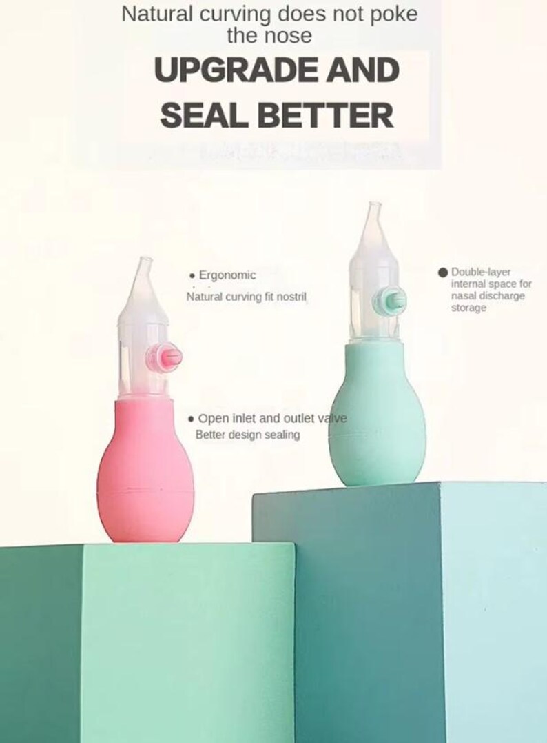 May include: Two nasal aspirators, one pink and one mint green, are displayed against a backdrop of teal and green blocks. The text "UPGRADE AND SEAL BETTER" is visible. Features include ergonomic design, open inlet/outlet valve, and double-layer internal space.
