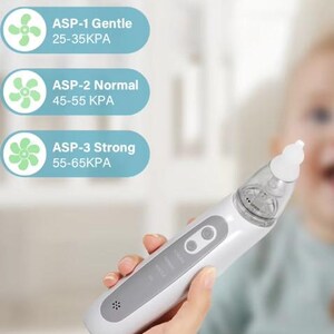May include: A white and gray baby nasal aspirator with three suction modes: Gentle (25-35KPA), Normal (45-55 KPA), and Strong (55-65KPA). The device has a clear tip and is held in a hand.