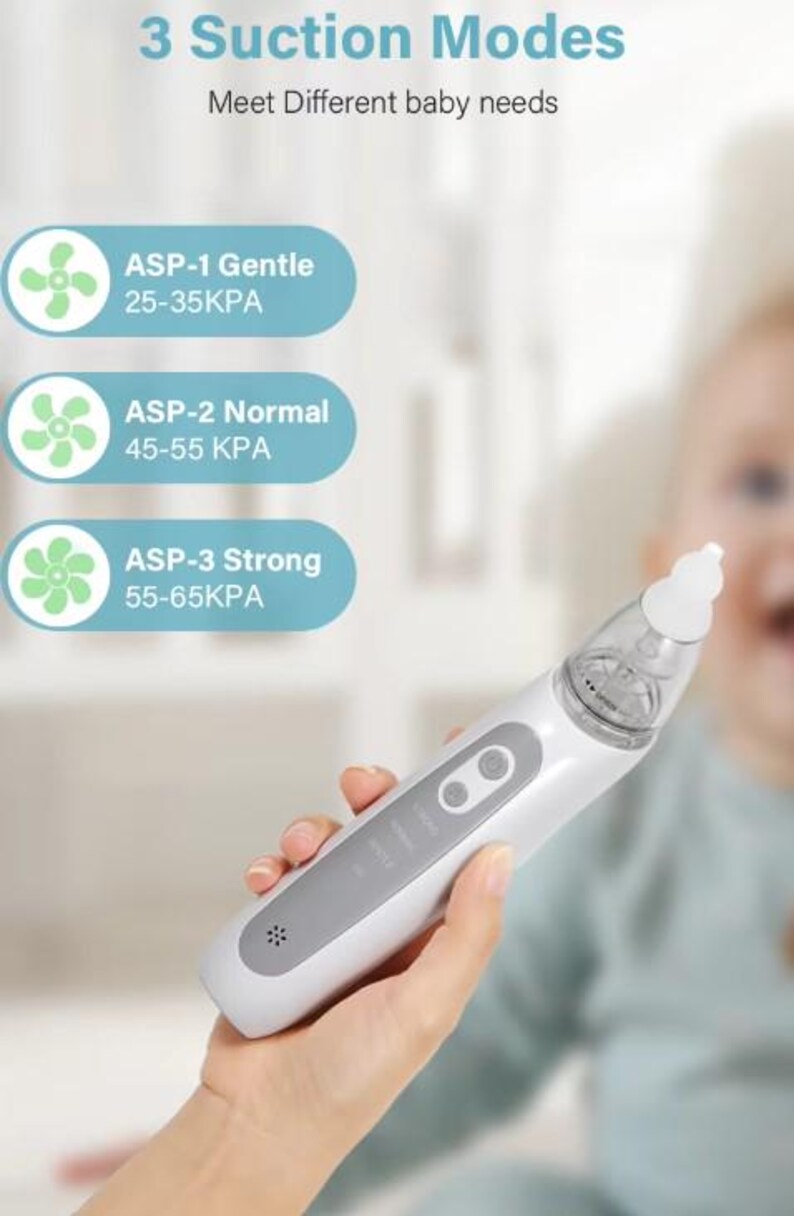 May include: A white and gray baby nasal aspirator with three suction modes: Gentle (25-35KPA), Normal (45-55 KPA), and Strong (55-65KPA). The device has a clear tip and is held in a hand.