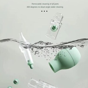 May include: A disassembled baby nasal aspirator with clear and mint green components floating in water. The text "EASIER CLEANING" and "Removable Parts" are visible. The aspirator is designed for easy cleaning.