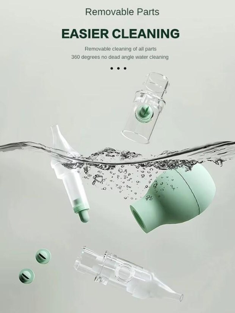 May include: A disassembled baby nasal aspirator with clear and mint green components floating in water. The text "EASIER CLEANING" and "Removable Parts" are visible. The aspirator is designed for easy cleaning.