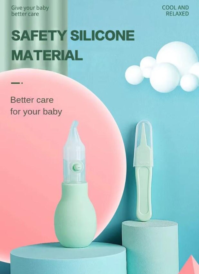 May include: A baby care kit featuring a green nasal aspirator and a small tool with a protective cap. The image includes text that reads "SAFETY SILICONE MATERIAL" and "Better care for your baby". The background is a mix of pink and blue.