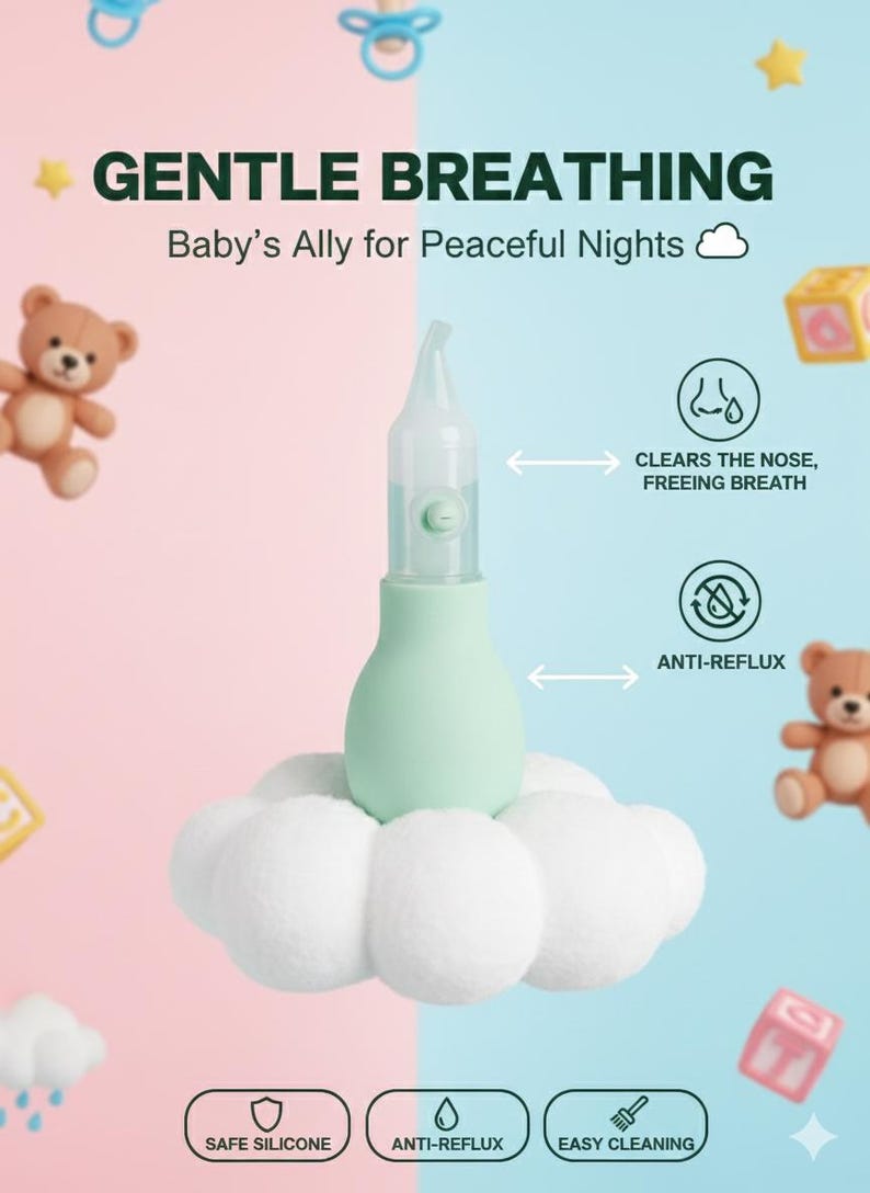 May include: A baby nasal aspirator in a soft green color, resting on a white cloud-shaped base. The image includes text that reads "GENTLE BREATHING" and "Baby's Ally for Peaceful Nights". Additional text highlights features like "CLEARS THE NOSE, FREEING BREATH" and "ANTI-REFLUX".