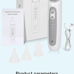May include: A white electric nasal aspirator with a clear tip, a charging cable, and three white silicone tips. The product is packaged in a white box with the text "Electric nasal aspirator". A user guide is also included.