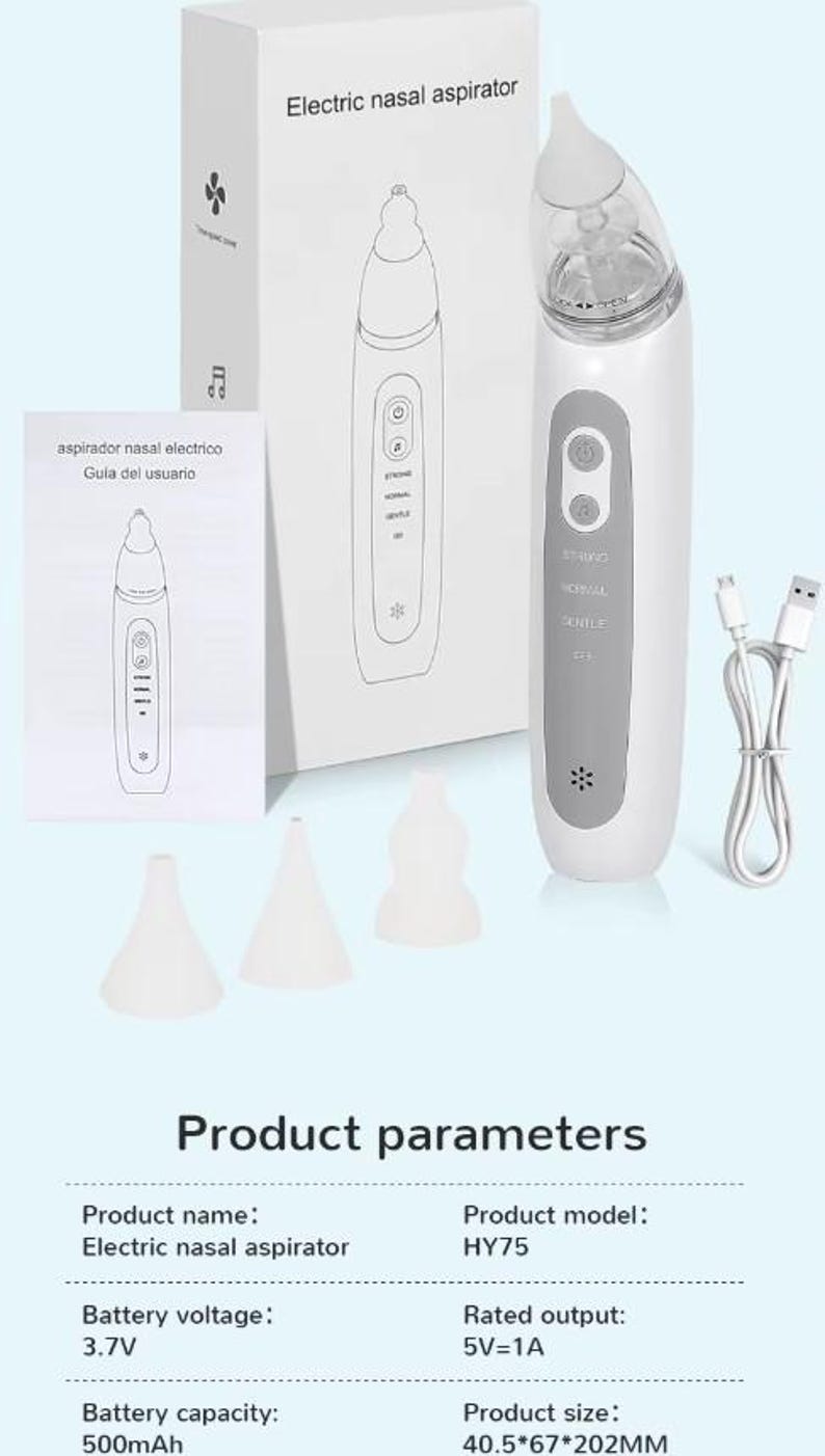 May include: A white electric nasal aspirator with a clear tip, a charging cable, and three white silicone tips. The product is packaged in a white box with the text "Electric nasal aspirator". A user guide is also included.