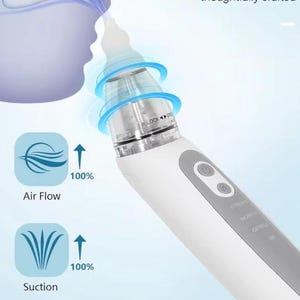 May include: A white and gray nasal aspirator with blue accents, featuring the text "Air Flow Technology Three-speed power." The device has buttons labeled "Strong," "Normal," and "Gentle."