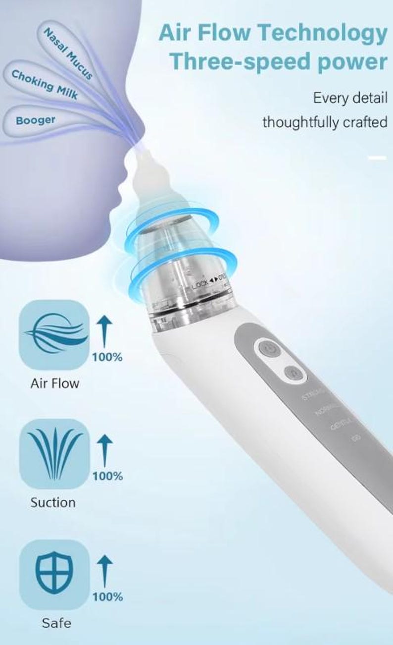 May include: A white and gray nasal aspirator with blue accents, featuring the text "Air Flow Technology Three-speed power." The device has buttons labeled "Strong," "Normal," and "Gentle."