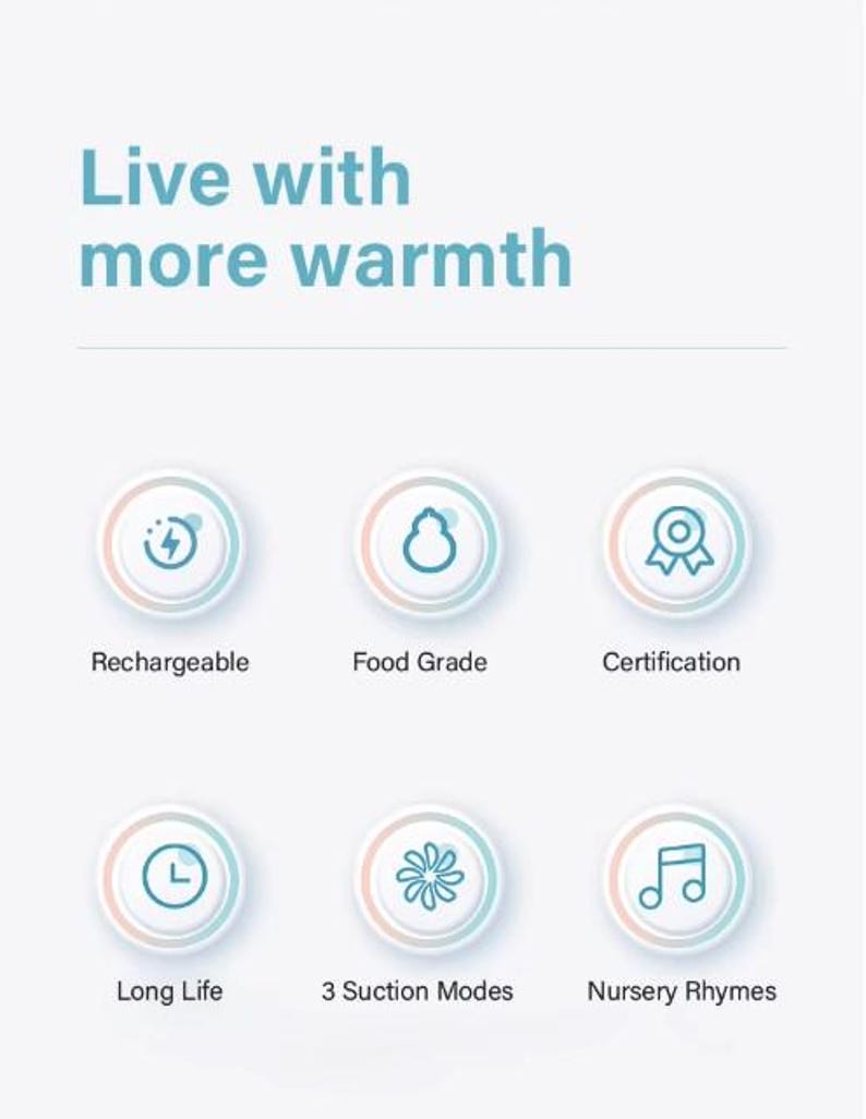 May include: White background with the text "Live with more warmth" in blue. Below are six circular icons with text: Rechargeable, Food Grade, Certification, Long Life, 3 Suction Modes, and Nursery Rhymes.