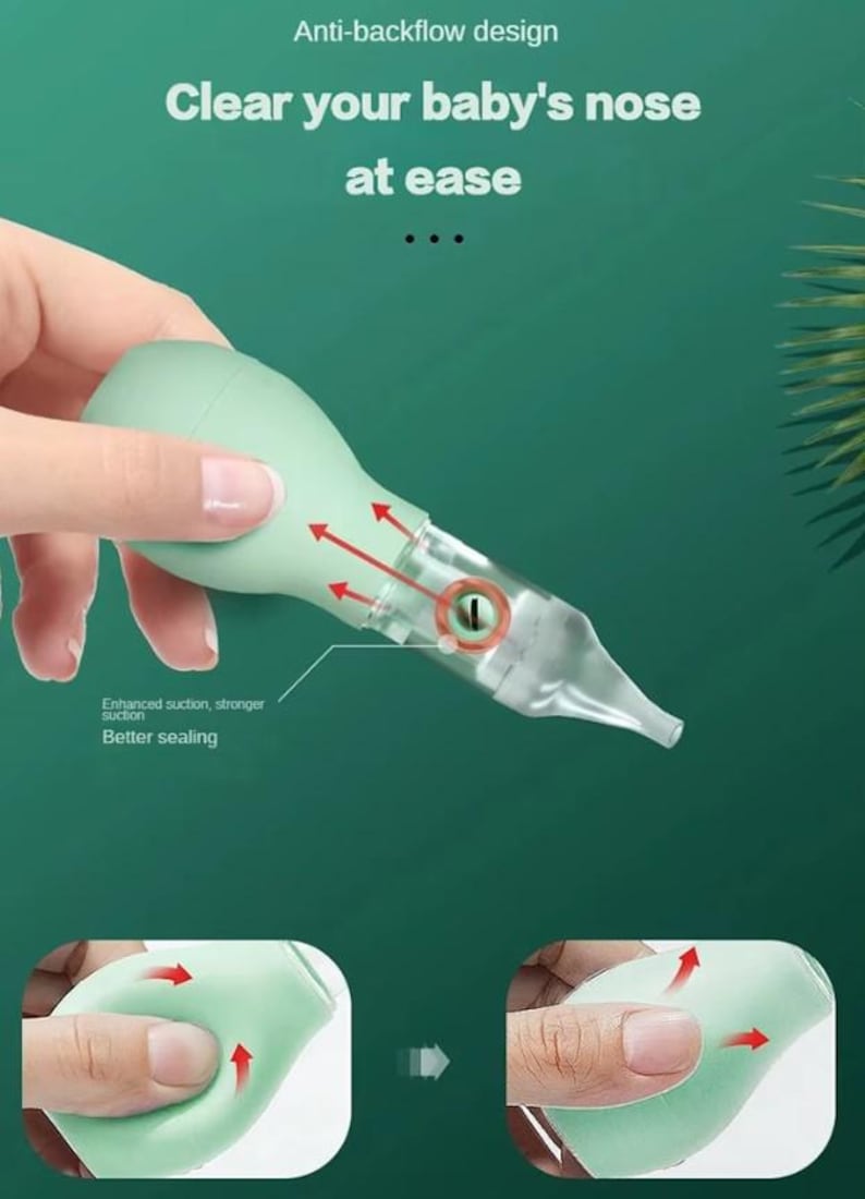 May include: A light green baby nasal aspirator with a clear tip, held by a hand. The aspirator has an anti-backflow design and the text "Clear your baby's nose at ease". The image also shows the words "Enhanced suction, stronger suction" and "Better sealing".