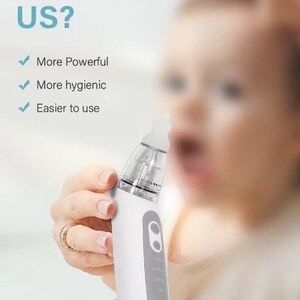 May include: A white and gray baby nasal aspirator with a clear tip is held in a person's hand. The text "Why Choose US?" is at the top, with bullet points stating "More Powerful", "More hygienic", and "Easier to use".